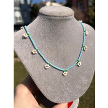 Kadın Çocuk Turkuaz Papatyalı El Yapımı Kum Boncuk Kolye Aksesuar Takı