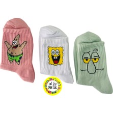 Al Bi 90Lık Al Bi 90'lık 3'lü Sünger Bob Patrıck Squıdward Desenli Kolej Set Çorap