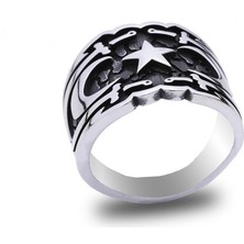 Ay Yıldız Motifli Siyah Zeminli Sade Gümüş Yüzük