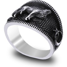 Bozkurt Siyah Zemin Üzeri Gümüş Yüzük