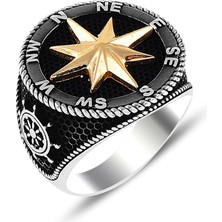 Pusula Siyah Zeminli Gümüş Yüzük