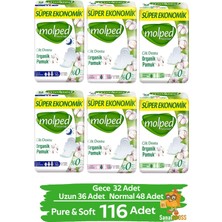 Molped Hijyenik Ped Pure & Soft Gece Uzun Normal 6 Paket Cilt Dostu Organik Pamuk ile Konfor