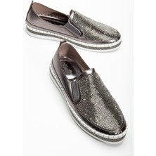 Kadın Günlük Ayakkabı Platin Taşlı Taban Saraçlı