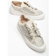 Kadın Günlük Ayakkabı Bej Taş Bağcıklı Kot Malzeme