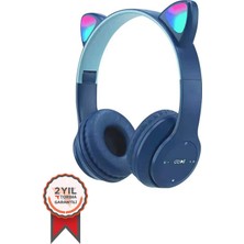 P47M Lacivert Sevimli Renkli Kedi Kulak Bluetooth Çok Renk Seçenekli Kulaklık