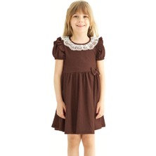 Zepkids Bisiklet Yaka Dantelli Fiyonk Detaylı Kahverengi Renk Elbise