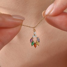 Nox Jewelry 14 Ayar Altın Kaplama Renkli Taşlı Çiçek Yaprağı Tasarım Gümüş Kolye - CNS00615
