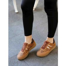En Cici Moda Selinda Taba Süet Leopar Desenli Kauçuk Taban Bağcıklı Kadın Sneaker