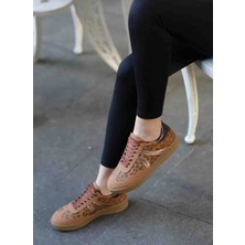 En Cici Moda Selinda Taba Süet Leopar Desenli Kauçuk Taban Bağcıklı Kadın Sneaker