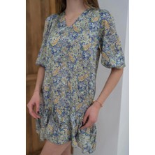 Defy Moda Yeşil Desenli Saten Elbise