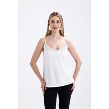 Sense Önü Taşlı Askılıi Scuba Krep Kısa Bluz | BLZ34466 Ekru