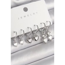 Pirinç Gümüş Renk Sallantı Zirkon Taşlı Kalp Model Taç Detay Kadın Küpe Seti