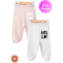 Unisex Bebek Hello Baskılı Penye Organik Pamuklu 0-6 Ay Patikli Bebek Pantolon Tek Alt 2li Set