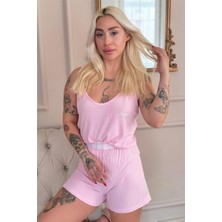 Pijama Evi Pembe Douce Dream Desenli Örme Ip Askı Şortlu Kadın Pijama Takımı