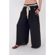 İtalyan Korsajlı Düğme Detay Otantik Kemerli Bol Paçalı Keten Pantolon