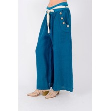 İtalyan Korsajlı Düğme Detay Otantik Kemerli Bol Paçalı Keten Pantolon