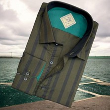 Pamuklu Haki Uzun Kollu Çizgi Bloklu Erkek Gömlek (Slim Fit Kalıp)