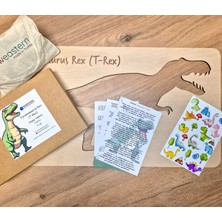 Doğal Ahşap Yapboz, Dinozor Puzzle, 12 Parça, Çizim Şablonu, Sticker Etiket Hediyeli, T-Rex