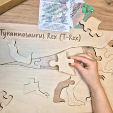 Doğal Ahşap Yapboz, Dinozor Puzzle, 12 Parça, Çizim Şablonu, Sticker Etiket Hediyeli, T-Rex
