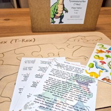 Doğal Ahşap Yapboz, Dinozor Puzzle, 12 Parça, Çizim Şablonu, Sticker Etiket Hediyeli, T-Rex