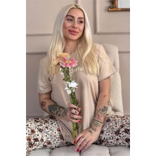 Pijama Evi Bej Wonderful Desenli Kısa Kollu Örme Kadın Pijama Takımı