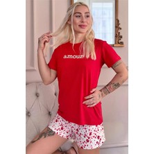 Pijama Evi Kırmızı Amour Desenli Kısa Kollu Şortlu Örme Kadın Pijama Takımı