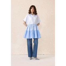 Beli Büzgülü Çizgili Kısa Kol Poplin Tunik Mavi 9282