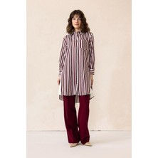 Yanları Fermuar ve Pilise Detaylı Çizgili Tunik Bordo 9830