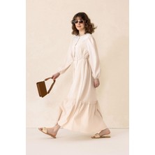 Olcay Yakası Fisto Detaylı Jakarlı Uzun Elbise Bej 9298-E