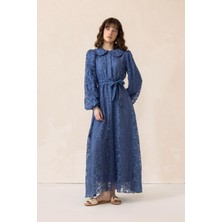 Olcay Bebe Yaka Balon Kol Güpür Kumaş Uzun Elbise Indigo 9300-E