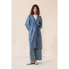 Olcay Kuşak Detaylı Astarsız Denim Kap Mavi 6731