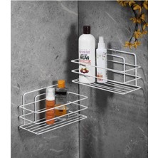 Haus Ömür Boyu Paslanmaz Yapışkanlı Banyo Düzenleyici Şampuanlık Duş Rafı 2 Adet Beyaz Tş-01