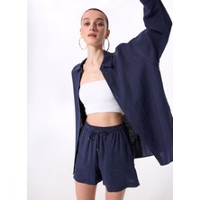 Lacivert Kadın Rahat Kalıp %100 Keten Gömlek FC5SL-GML0262