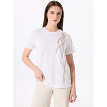 Kırık Beyaz Kadın Relaxed Taşlı T-Shirt FC5SL-TST0196