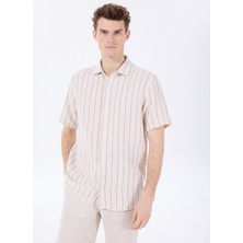 Kırık Beyaz Erkek Apaş Yaka Basic Çizgili Gömlek PBF5SM-GML 5220