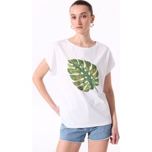 Fabrika Comfort Bisiklet Yaka Baskılı Kırık Beyaz Kadın T-Shirt FC5SL-TST0210