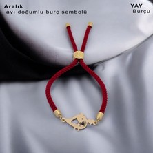 Archin Minik Kuş Figürlü ve Bayanlar İçin 14 Ayar Altın Plakalı Örgü İpli Burç BİLEKLİĞİ-363BURÇ-KİRMİZİ