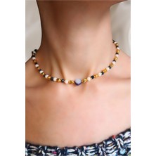 Blue Pearl Lacivert Sedef Taşlı Gold Detaylı Gösterişli Kolye