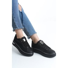 Mevese Mına Siyah Gümüş Bağcıklı  Taban Kadın Sneaker Spor Ayakkabı