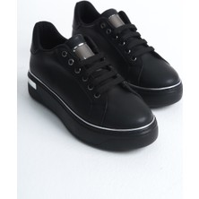 Mevese Mına Siyah Gümüş Bağcıklı  Taban Kadın Sneaker Spor Ayakkabı