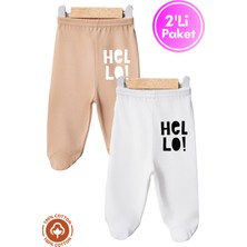 Unisex Bebek Hello Baskılı Penye Organik Pamuklu 0-6 Ay Patikli Bebek Pantolon Tek Alt 2li Set