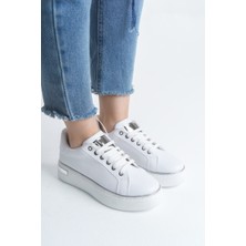 Mevese MINA Beyaz Gümüş Bağcıklı Ortopedik Taban Kadın Sneaker Spor Ayakkabı