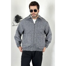 Asil Oversize Gömlek Yaka Fermuarlı Gri Kalın Hırka
