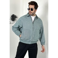 Asil  Oversize Gömlek Yaka Fermuarlı Yeşil Kalın Ceket