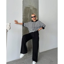 Çizgili Siyah Beyaz Kapuşonlu Oversize Sweatshirt