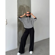 Çizgili Siyah Beyaz Kapuşonlu Oversize Sweatshirt