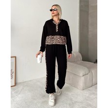 Leopar Detaylı Siyah Eşofman Takımı