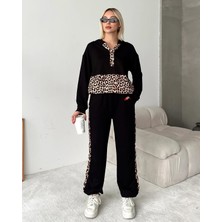 Leopar Detaylı Siyah Eşofman Takımı