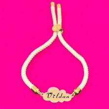 Archin Bulut Motifli ve 14 Ayar Altın Plakalı Çocuklar İçin Örgü İpli İsme Özel Bileklik-362İsim-BEYAZ