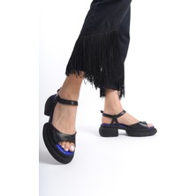 Sy Leather Bella Model Siyah Hakiki Deri Kalın Tabanlı Günlük Kadın Sandalet
